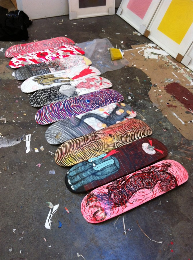Example painted skateboard decks (Courtesy of Andrew Schoultz)